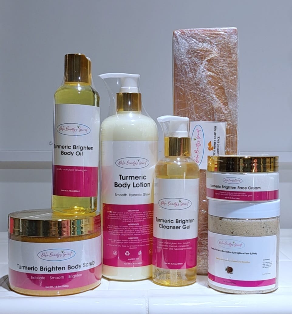 BRIGHTENING TURMERIC BODY SET FOR BROWN SKIN WITH TURMERIC HONEY SOAP BAR.
